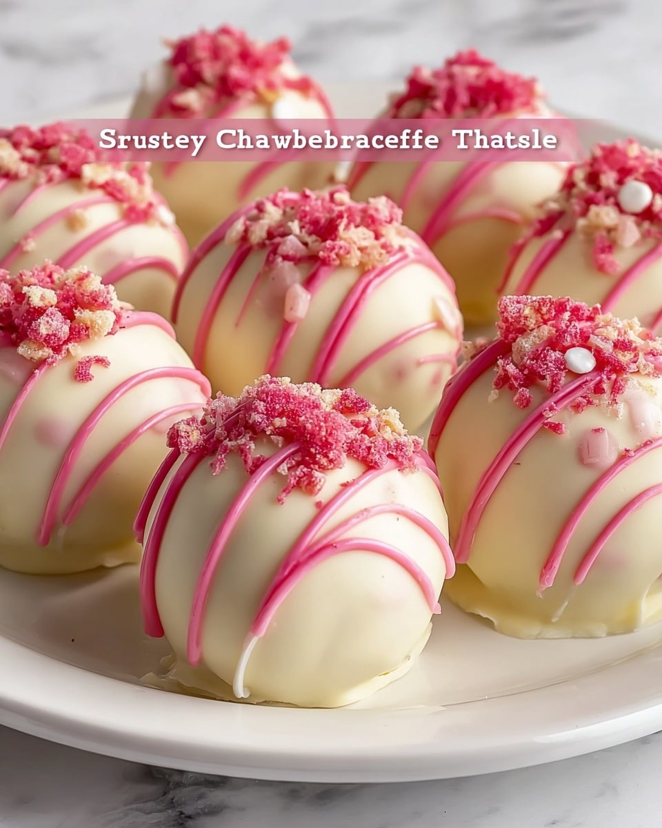 The image shows close-up views of round truffle balls coated in smooth, creamy white chocolate. Each ball has thin, uneven pink drizzle lines crossing the top surface, adding a bright contrast. On top of each truffle ball is a small heap of crushed pink and white bits, giving a crumbly texture that looks like freeze-dried strawberries and sugar pearls. The truffle balls are arranged closely together on a white plate, which sits on a white marbled surface. The overall look is neat, colorful, and inviting, with delicate details in the toppings and drizzle photo taken with an iphone --ar 4:5 --v 7