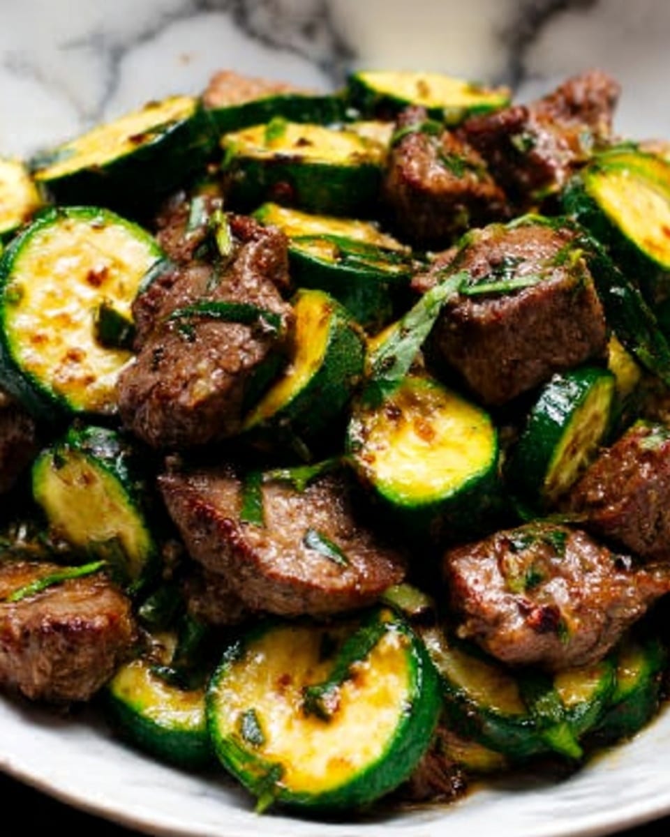 The image shows a close-up of a dish with thick slices of cooked zucchini and chunks of browned beef. The zucchini slices are bright green with a soft, slightly shiny texture, while the beef pieces are dark brown with a seared crust. Both ingredients fill the frame evenly, highlighting a mix of tender vegetables and juicy meat. The background is a white marbled texture. photo taken with an iphone --ar 4:5 --v 7