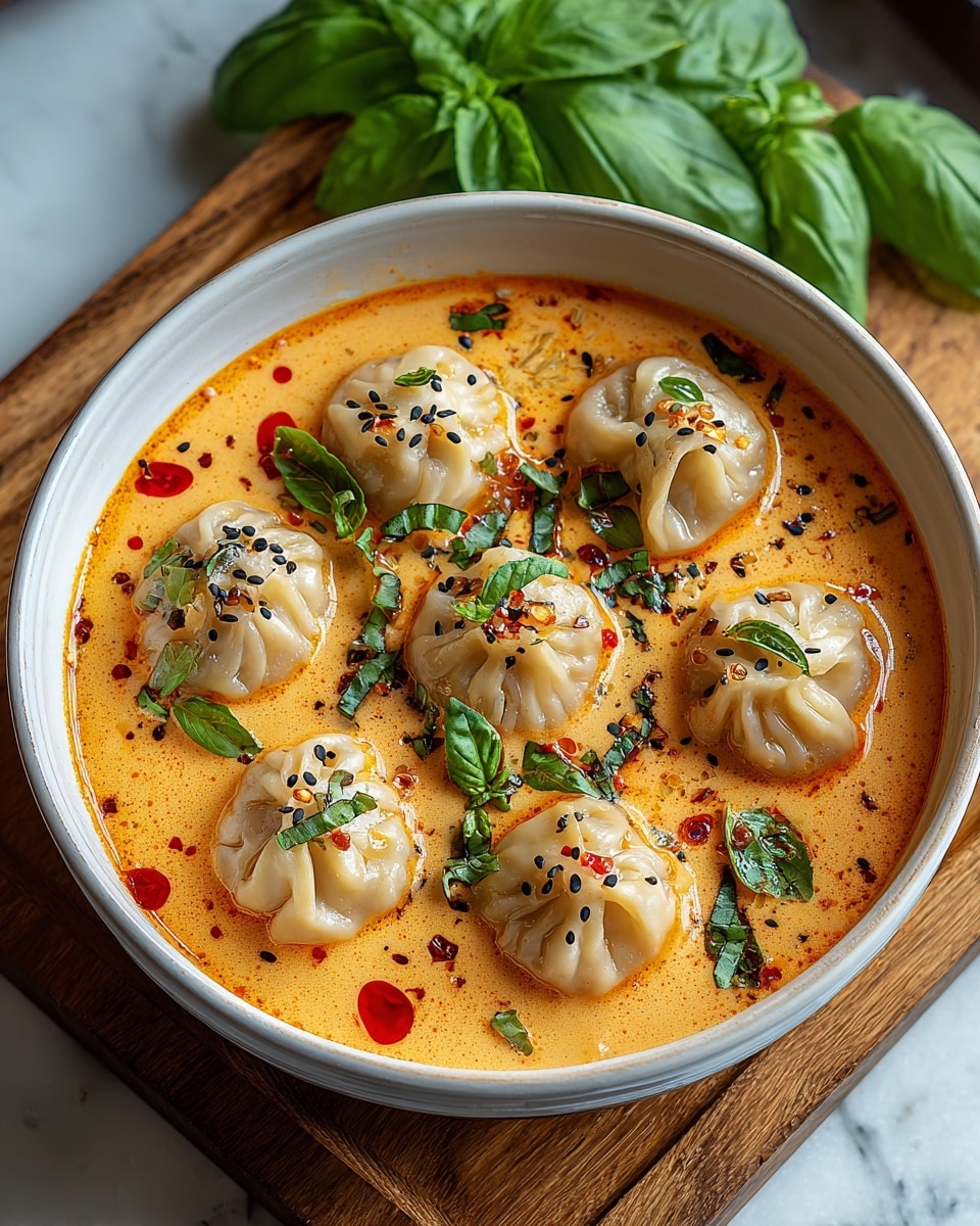 A white bowl filled with a creamy orange soup gently dotted with red chili oil. Floating on top are eight plump dumplings, each light beige with small folds and sprinkled with black and white sesame seeds and red chili flakes. Fresh green basil leaves and finely chopped herbs float among the dumplings, adding bright green spots. The soup has a smooth, slightly thick texture with visible swirls of oil and herbs. The bowl is set on a wooden board, with a few fresh basil leaves beside it, all placed on a white marbled surface. photo taken with an iphone --ar 4:5 --v 7