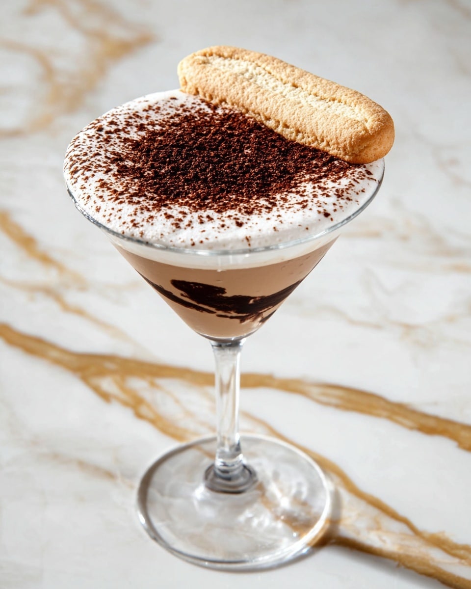 A clear martini glass holds a three-layered dessert drink. The bottom layer is light brown with dark chocolate swirls visible on the inside of the glass. Above it, a thick, white foamy layer is topped with a dusting of dark brown cocoa powder concentrated in the center. Resting on the edge of the glass is a single light beige ladyfinger biscuit with a soft texture. The glass sits on a white marbled surface with gold veining. photo taken with an iphone --ar 4:5 --v 7
