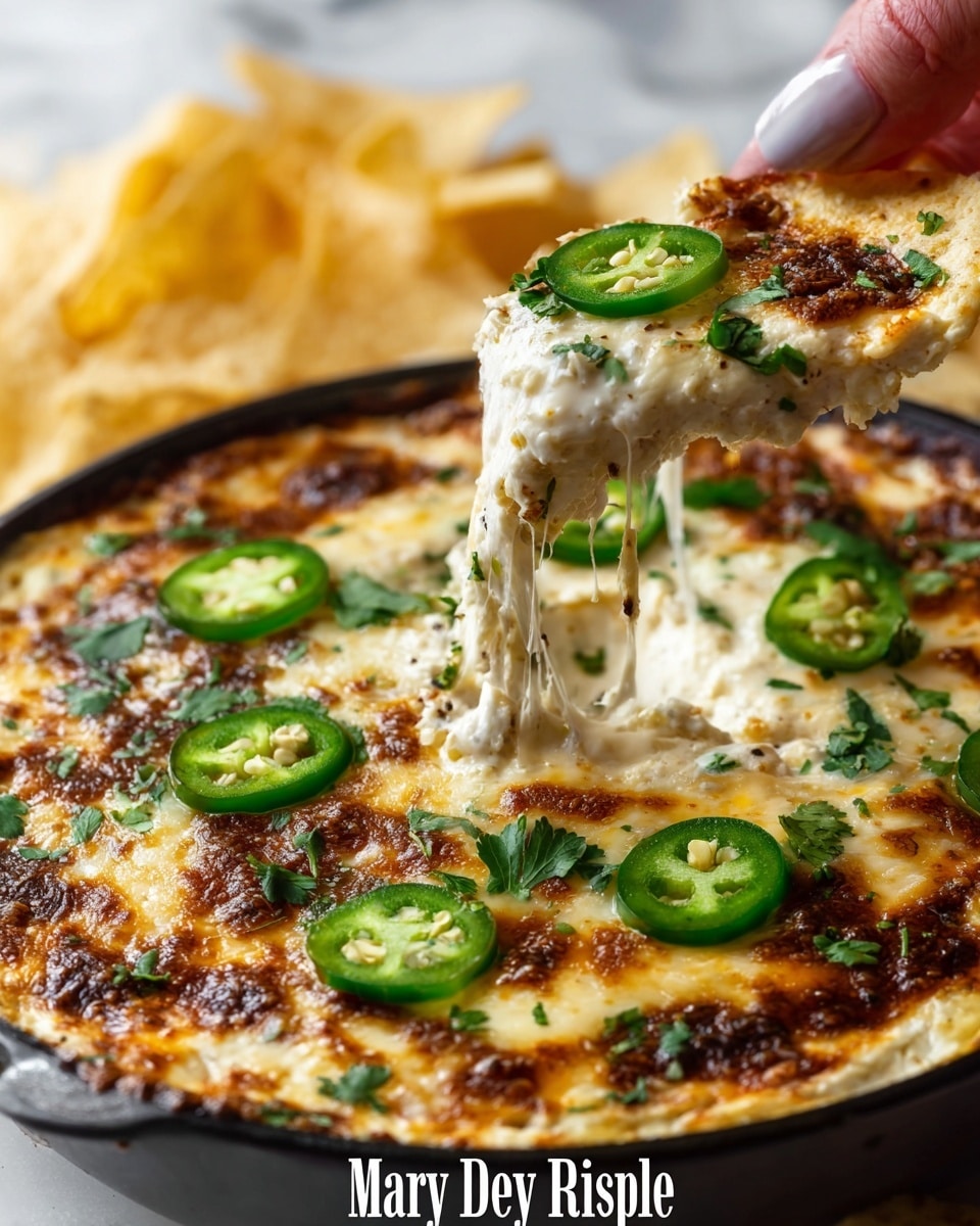A close-up of a hot baked dip in a white round cast iron skillet, showing a top layer of golden brown melted cheese with spots of caramelized dark brown, garnished with bright green fresh cilantro leaves and several slices of green jalapeño peppers scattered on top. In the top image, a woman's hand is lifting a large portion of the dip, revealing stretchy, gooey melted cheese beneath with a creamy white texture, while the crispy melted top clings to the pulled piece. Around the skillet, there are light yellow tortilla chips blurred softly in the background. The surface underneath is a white marbled texture. photo taken with an iphone --ar 4:5 --v 7