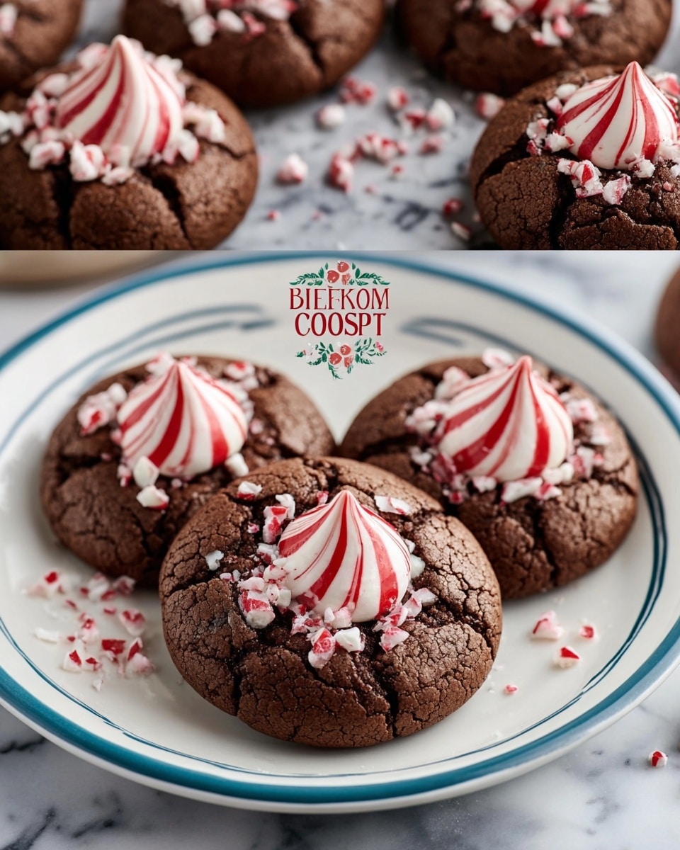 The image shows a group of round chocolate cookies with a cracked texture on the surface, each cookie topped with a single white and red striped peppermint candy shaped like a teardrop standing upright in the center. Around the candy, there are small crushed peppermint pieces scattered over the cookies, adding a rough and crunchy texture with red and white colors. The cookies are thick and dark brown, placed closely together on a white plate with a thin blue rim, all set against a white marbled background. photo taken with an iphone --ar 4:5 --v 7