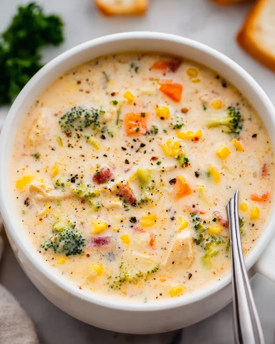 A close-up view of a white bowl filled with creamy chicken and vegetable soup, showing creamy light beige broth mixed with chunks of white chicken meat, small bright green broccoli florets, yellow corn kernels, diced orange carrots, and small pieces of red potato. The soup is thick and speckled with black pepper. A silver spoon rests inside the bowl on the right side, partially submerged in the soup. The bowl is placed on a white marbled surface, with some green herbs blurred in the background, adding freshness to the scene. Photo taken with an iphone --ar 4:5 --v 7