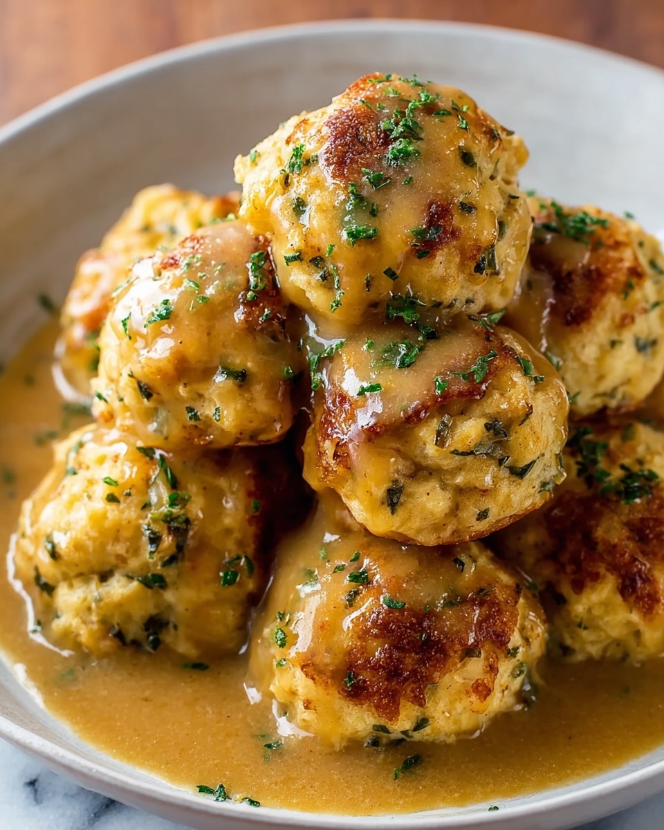 A close-up view of several golden-brown baked dumplings layered in a white bowl, each dumpling topped with a shiny, light brown gravy and sprinkled with small green herb pieces. The dumplings have a textured, slightly crispy outer surface with visible flecks of herbs and a soft, fluffy inside that peeks through in some areas. The gravy pools around the bottom, adding a glossy finish to the dish. The background features a white marbled texture, creating a clean and bright setting. photo taken with an iphone --ar 4:5 --v 7