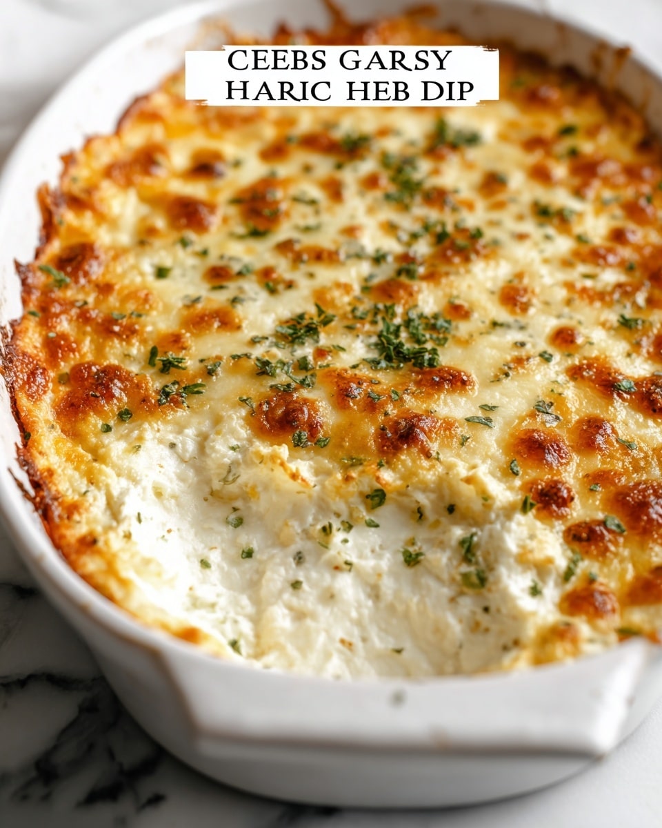 A rectangular white baking dish holds a creamy, golden-brown cheesy garlic herb dip with a slightly crispy top layer that has uneven patches of light brown and melted cheese. The surface is speckled with small bits of dried green herbs, adding texture and color contrast to the pale creamy base. The dip has a thick, dense texture with visible strands of melted cheese throughout. The dish is placed on a white marbled background, enhancing the warm colors of the baked dip. photo taken with an iphone --ar 4:5 --v 7