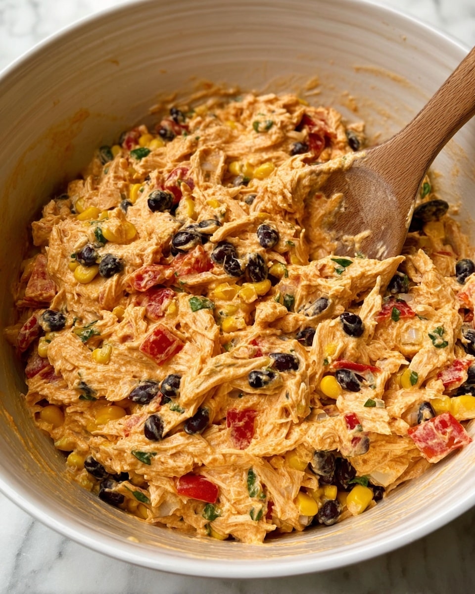 A close-up view of a creamy mixture in a white bowl showing shredded chicken blended with black beans, yellow corn, and small diced red bell peppers, all coated in an orange-tinted sauce with visible flecks of green herbs and purple-red onion pieces. A wooden spoon rests inside the bowl, partly submerged in the colorful and textured mix, set against a white marbled surface. photo taken with an iphone --ar 4:5 --v 7