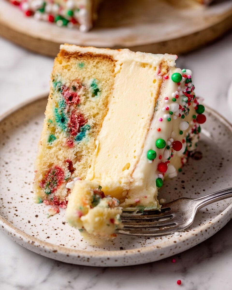 A close-up image of a single large slice of funfetti cake resting on a white speckled plate with a silver fork cutting into the bottom edge. The slice has two main layers: the top layer is a light, moist cake with green, red, and blue sprinkles inside, and the bottom layer is a thick, creamy yellow cheesecake with a smooth texture and small colorful sprinkle bits. The outside edge is coated in a smooth white frosting decorated with red, green, and white round sprinkles on the side, and there is a round cookie ball on the side with similar red and green sprinkles. The background shows a white marbled texture blurred softly. Photo taken with an iphone --ar 4:5 --v 7