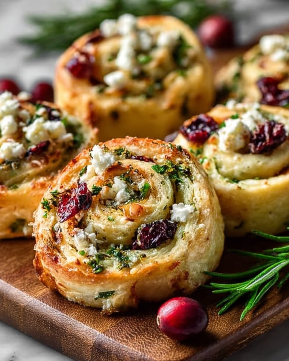 The image shows close-up golden brown pastry rolls arranged on a wooden board. Each roll has visible layers of light fluffy dough swirled with green herbs and dark red cranberries, topped with small crumbles of white cheese. The texture of the dough looks soft and slightly crispy on the edges. Sprigs of fresh green rosemary and a few whole cranberries are placed next to the rolls. The background is a white marbled texture. Photo taken with an iphone --ar 4:5 --v 7