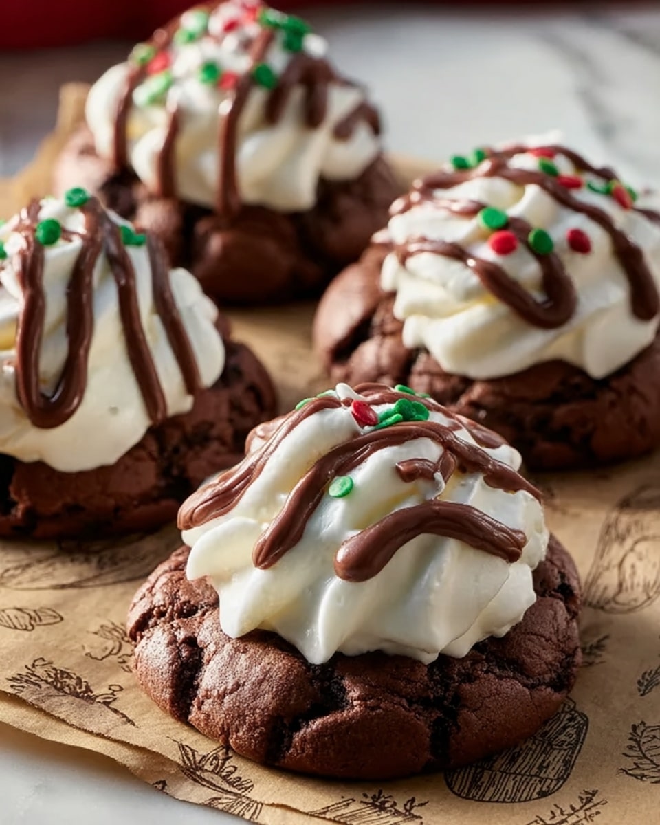 The image shows four round chocolate cookies placed on brown parchment paper over a white marbled surface. Each cookie has a thick, white whipped cream swirl on top, which is smooth and glossy. The whipped cream is decorated with thin, even dark chocolate drizzle lines going across the top and small red and green round sprinkles. The cookies look soft and slightly cracked with a dark brown rich color beneath the bright white cream layer, creating a strong contrast. Photo taken with an iphone --ar 4:5 --v 7