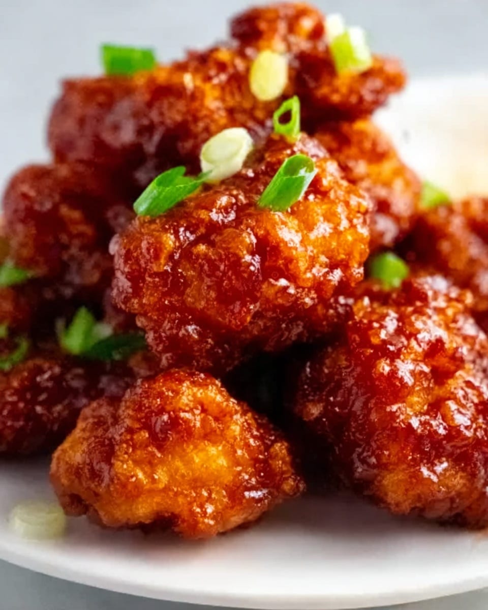 A close-up of several crispy fried chicken pieces covered in a sticky, shiny reddish-brown sauce, piled casually on a white plate. The chicken looks crunchy and glazed, with small green onion slices sprinkled on top, adding a fresh green contrast. The sauce has a thick, glossy texture that clings to the chicken, making it look juicy and flavorful. The plate is set on a white marbled surface, giving the dish a clean and bright background. photo taken with an iphone --ar 4:5 --v 7