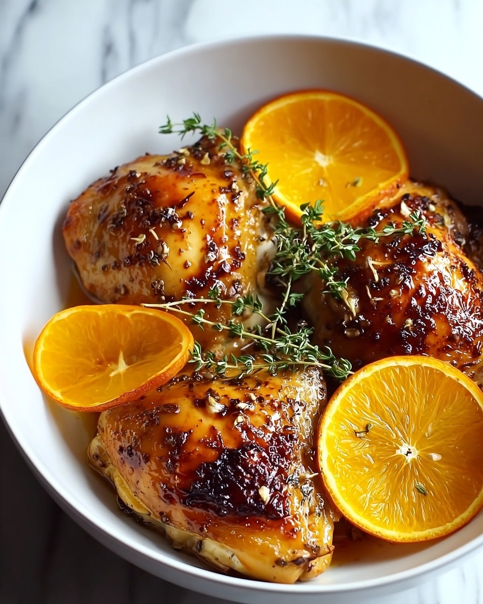 A white bowl holds three pieces of golden-brown roasted chicken, each with a shiny, slightly crispy skin. The chicken pieces are topped with small green thyme leaves. Two bright orange slices, one placed on top and one on the side, add a fresh, juicy look. Sprigs of fresh green thyme rest on the chicken, adding texture and color contrast. The bowl sits on a white marbled texture photo taken with an iphone --ar 4:5 --v 7
