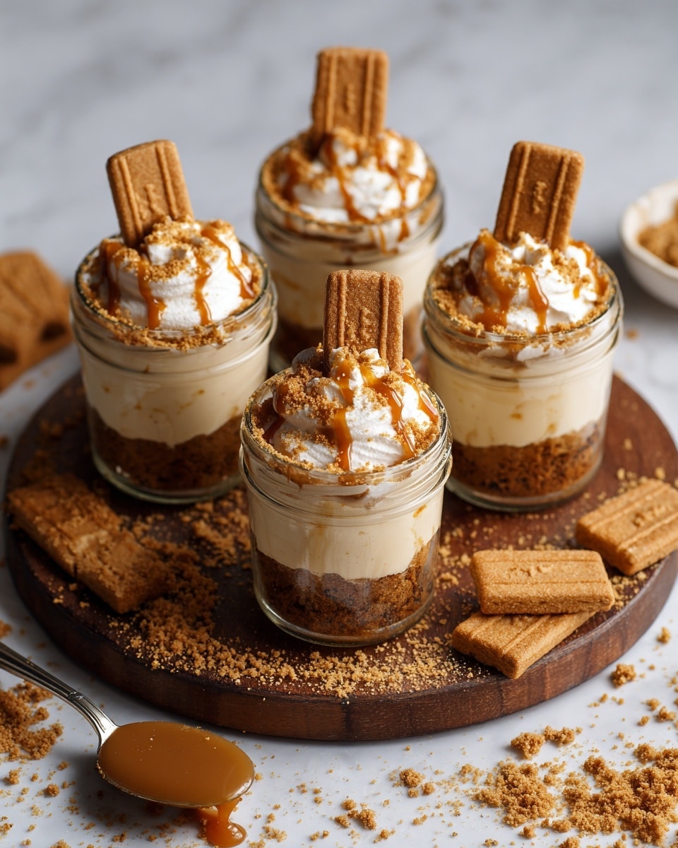 The image shows five small glass jars of a cream dessert on a wooden board placed on a white marbled surface. Each jar has three clear layers: a thick crumbly caramel-colored base, a smooth light beige creamy middle, and a fluffy white whipped topping on top. The whipped topping is sprinkled with crumbled caramel cookies and drizzled with caramel sauce. One whole rectangular caramel cookie stands upright in the whipped cream of each jar. Around the jars, there are loose cookie crumbs and three whole caramel cookies scattered on the surface next to a spoon with caramel sauce. Photo taken with an iphone --ar 4:5 --v 7