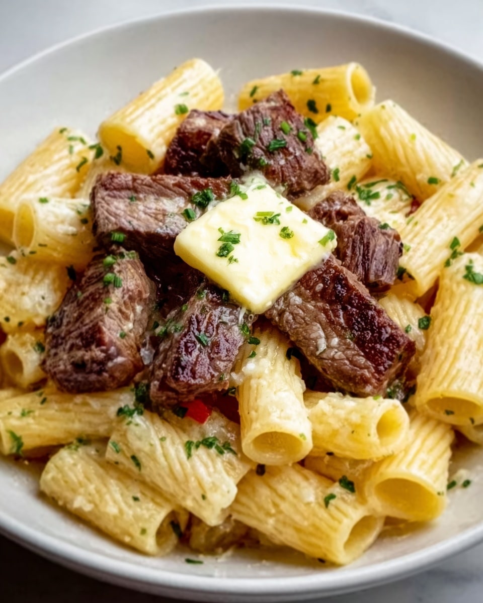 A white plate filled with creamy rigatoni pasta layered at the bottom, topped with pieces of grilled steak slices that have a rich brown color with some char marks. On top of the steak, there is a square piece of melting butter that spreads slightly over the meat. The rigatoni is light yellow with a smooth sauce coating, sprinkled with green chopped herbs. The whole dish sits on a white marbled surface. Photo taken with an iphone --ar 4:5 --v 7