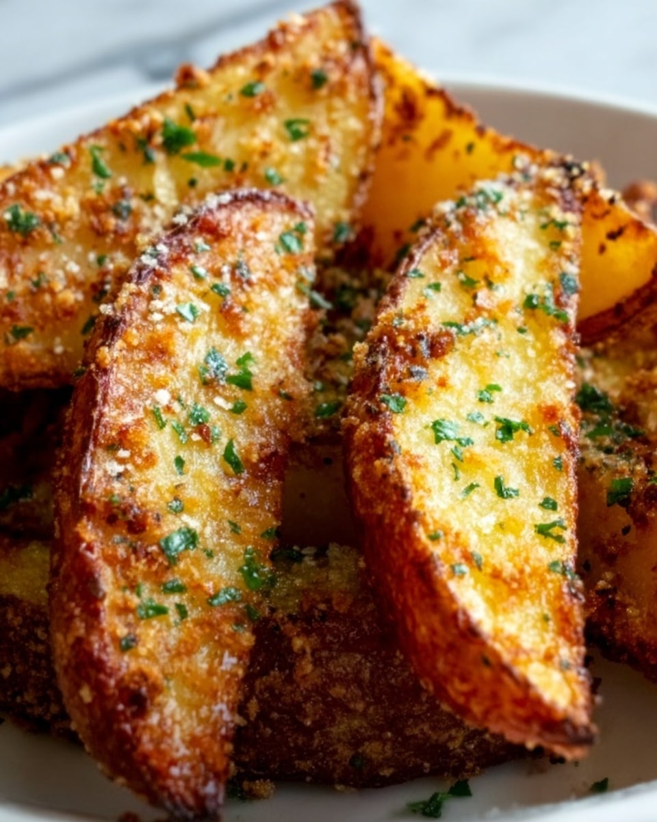 The image shows a close-up of crispy potato wedges arranged in a white dish. The wedges have a golden brown color with a crunchy texture, sprinkled with finely chopped green herbs and small bits of seasoning on top. The lighting highlights the crispy edges and soft inside of each wedge, placed on a white marbled surface. photo taken with an iphone --ar 4:5 --v 7