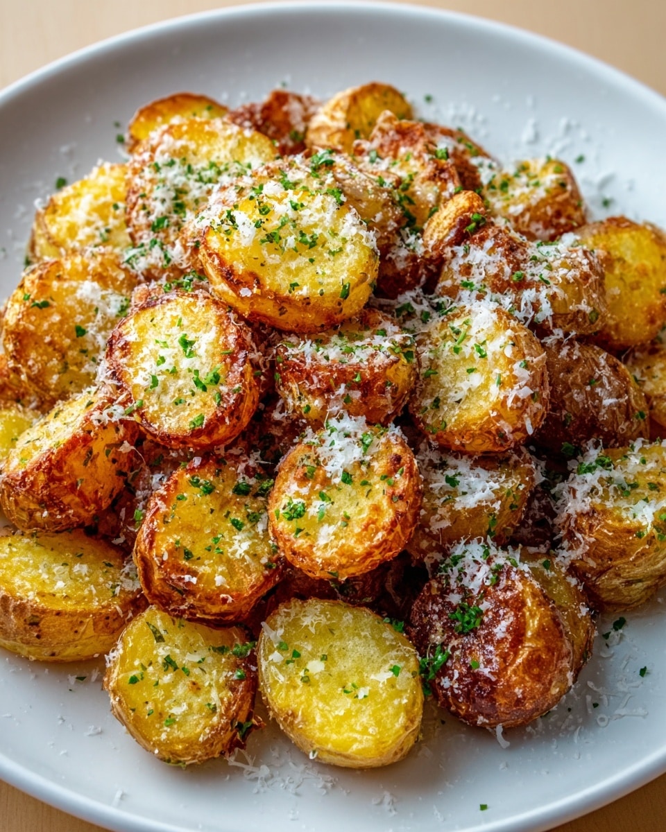 A white plate filled with many small, roasted potato halves stacked closely together. Each potato half has a golden-brown, crispy outer crust with a soft, light yellow interior. The potatoes are sprinkled generously with white grated cheese and small green herb flakes. The slight texture of the potato skin and the cheese contrast with the smooth yellow inside. The plate rests on a white marbled surface. photo taken with an iphone --ar 4:5 --v 7