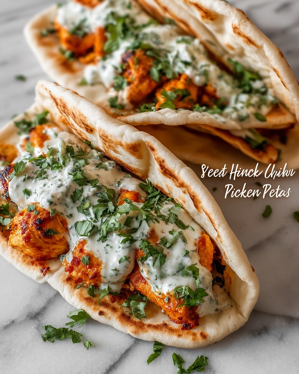 Two white pitas lie folded in a white pan, each stuffed with three to four pieces of grilled chicken that have a warm orange color and a slightly crispy texture. The chicken is topped with a thick, creamy white herby ranch sauce that is drizzled generously, showing small green herb bits. Fresh green herbs are sprinkled over the top, adding a bright contrast to the creamy sauce and the warm chicken. The pitas have small grilled marks and a soft, fluffy inside with a slightly browned exterior. The pan rests on a white marbled surface, contributing to a clean and fresh background. Photo taken with an iphone --ar 4:5 --v 7