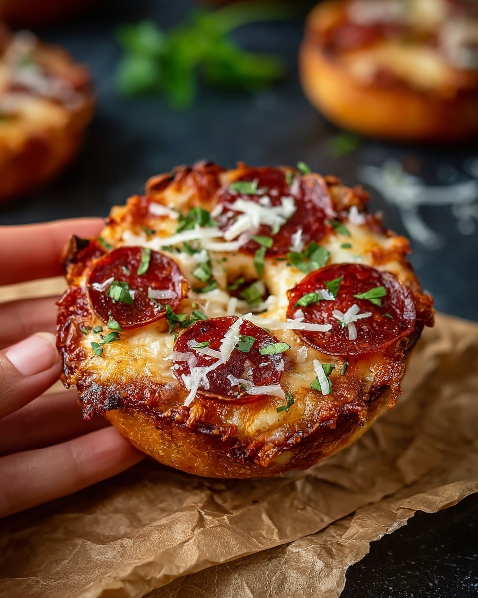 The image shows a mini pizza bagel held by a woman's hand, resting on crumpled brown paper over a dark surface changed to white marbled texture. The bagel base is golden brown and crispy, with a thick layer of melted cheese that is bubbling and slightly browned around the edges. On top, there are several small, round slices of dark red pepperoni and some scattered bits of crispy bacon. The pizza is sprinkled with finely grated white cheese and fresh green herb leaves, adding contrast and texture. In the background, there are more mini pizza bagels slightly out of focus on the same white marbled texture. photo taken with an iphone --ar 4:5 --v 7