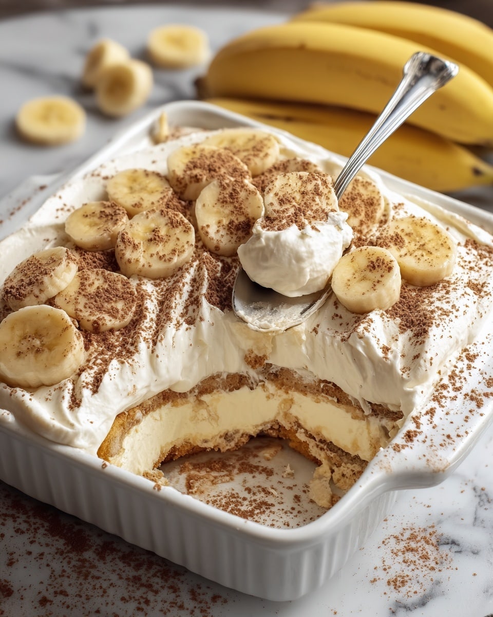 The image shows a white square dish filled with a three-layer banana dessert on a white marbled surface. The bottom layer is light brown cake soaked with a creamy white sauce, the middle layer is thick white cream, and the top layer is a mix of whipped cream and sliced bananas arranged across the surface. Cocoa powder is sprinkled over the top and some banana slices. A spoon is stuck into the dessert, pulling out a piece from one corner. There is a bunch of whole bananas blurred in the background. photo taken with an iphone --ar 4:5 --v 7