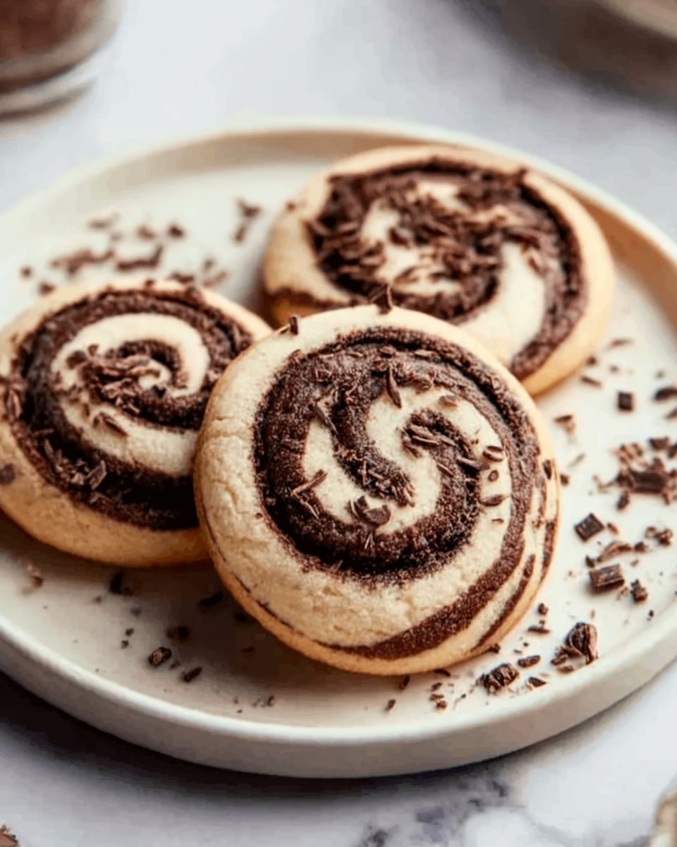 The image shows three round cookies with a swirl pattern of light beige and dark brown colors, placed closely together on a white plate. The cookies are topped and surrounded by small pieces of dark chocolate, adding texture and contrast. The surface beneath the plate has a white marbled texture. The lighting is soft, highlighting the cookies' smooth and slightly crumbly texture. Photo taken with an iphone --ar 4:5 --v 7