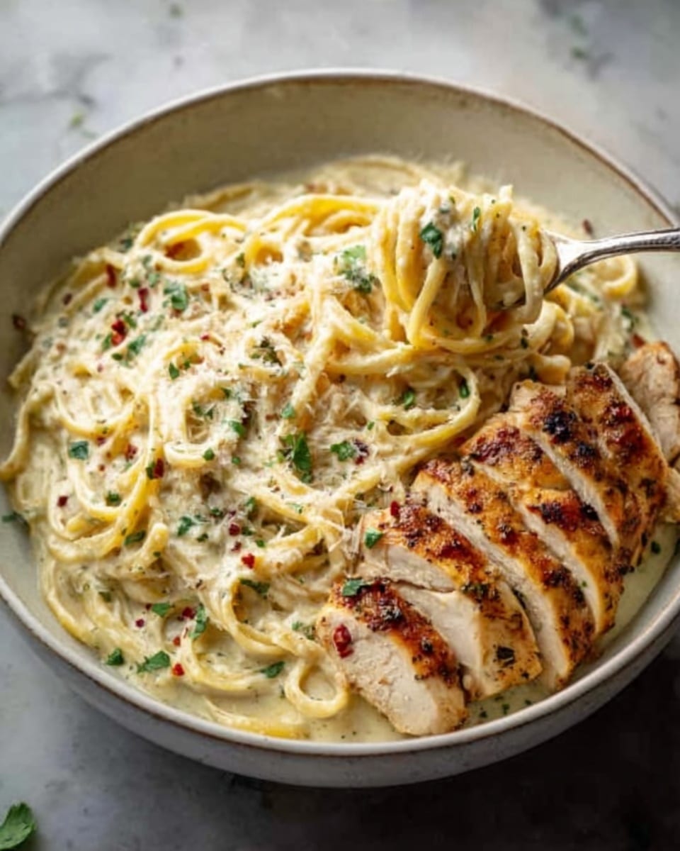 A white bowl filled with creamy pasta topped with golden-brown grilled chicken slices neatly arranged on one side, the pasta coated in a rich, smooth white sauce mixed with small green herbs and red pepper flakes. A spoon holds a twist of the noodles above the bowl, showing off the thick sauce clinging to the strands. The bowl is placed on a white marbled surface. Photo taken with an iphone --ar 4:5 --v 7