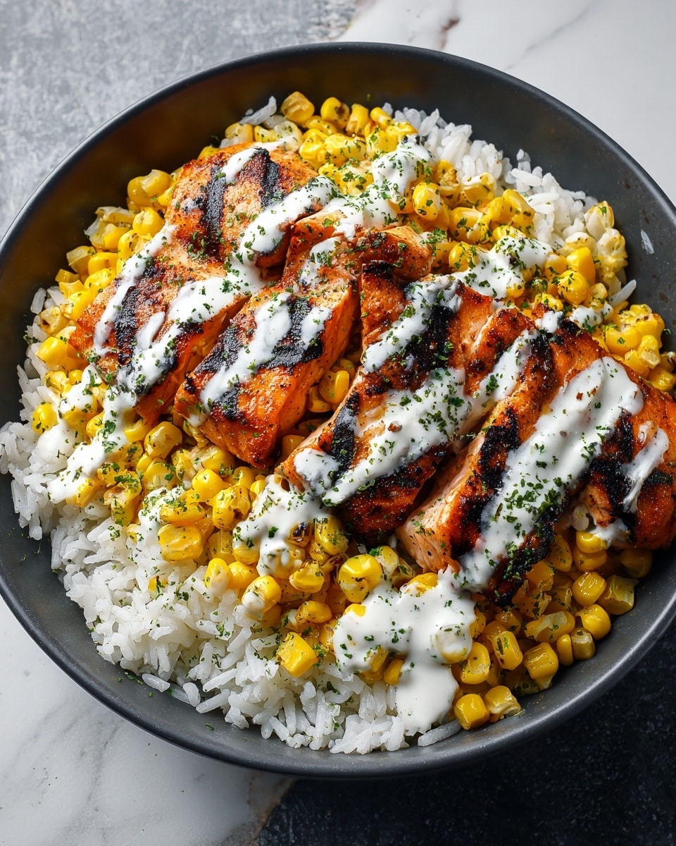 A bowl filled with a base layer of white rice, topped with bright yellow grilled corn pieces that have slight char marks, and pieces of grilled salmon with dark grill lines and a lightly caramelized texture. Drizzled over the salmon and corn is a white creamy sauce, sprinkled with finely chopped green herbs, all placed on a white marbled surface. photo taken with an iphone --ar 4:5 --v 7