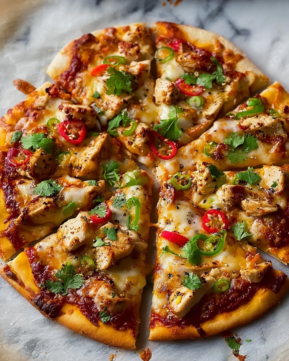 The image shows a round pizza cut into eight slices, placed on parchment paper over a white marbled surface. The pizza crust is golden brown with a slightly crispy edge, and the base has a layer of reddish-orange tomato sauce. On top, there is a thick layer of melted light yellow cheese, scattered with chunks of grilled chicken that have a golden-brown char. Bright green slices of jalapeno and thin slices of red chili peppers are spread evenly, along with fresh green cilantro leaves sprinkled on top. There are also small black pepper grains visible, adding texture to the surface. The pizza looks hot and freshly baked, with some cheese strings stretching between the slices. Photo taken with an iphone --ar 4:5 --v 7