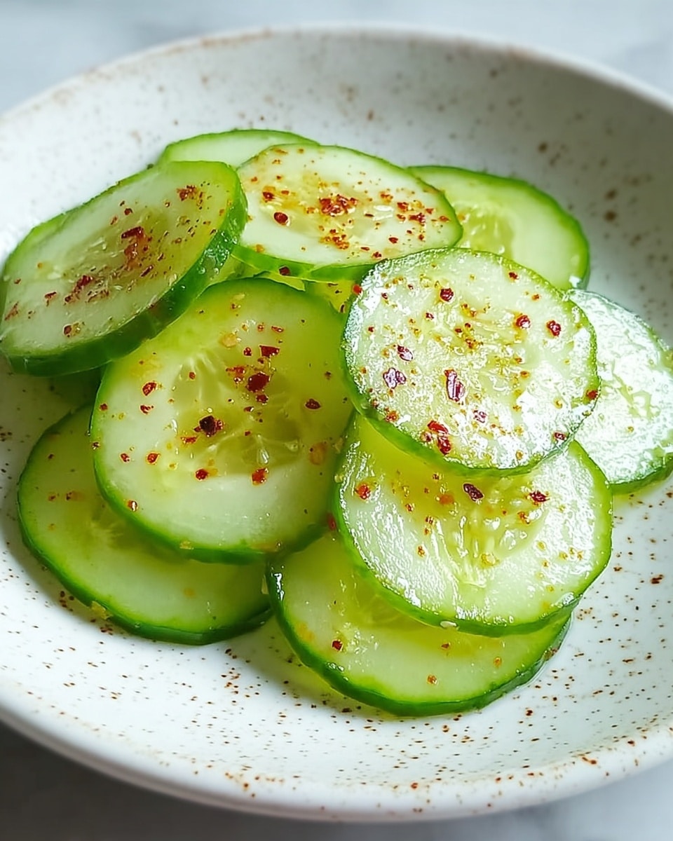 A white speckled bowl holds about two layers of thin, round cucumber slices, each green on the outer edge and light green in the center. The cucumbers are evenly spread and topped with a light sprinkling of red-brown chili powder, giving small patches of color contrast against the fresh green. The dish rests on a surface with a white marbled texture. photo taken with an iphone --ar 4:5 --v 7