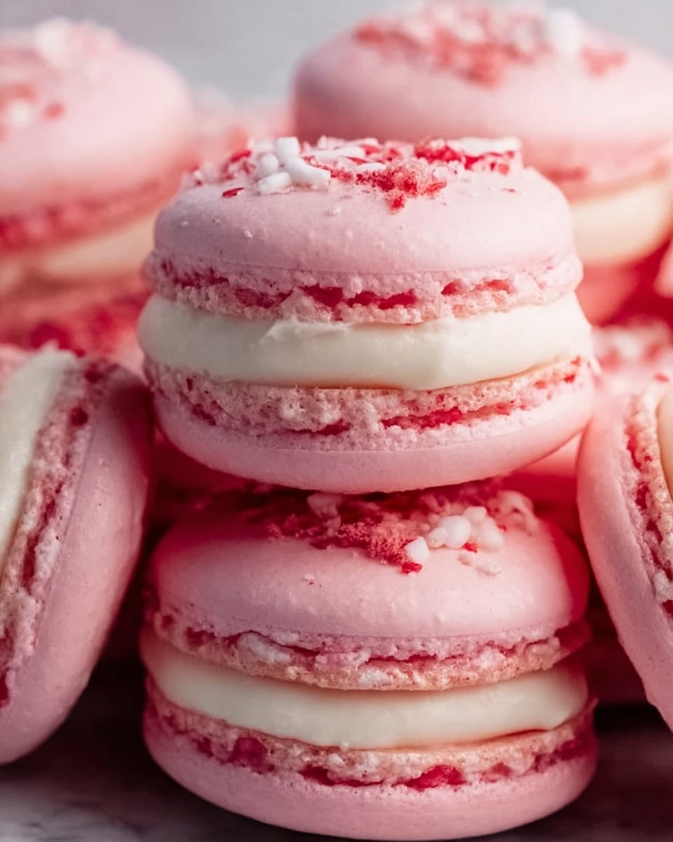 A close-up view of several pink macarons stacked closely together, each featuring two smooth, round pink shells with a delicate texture and a creamy white filling sandwiched in between. Some macarons have small pieces of crushed candy or sprinkles on top, adding texture and a slight color contrast with white and red bits. The macarons rest on a white marbled surface, showing slight shadows and soft lighting that highlights their smooth and creamy textures. photo taken with an iphone --ar 4:5 --v 7