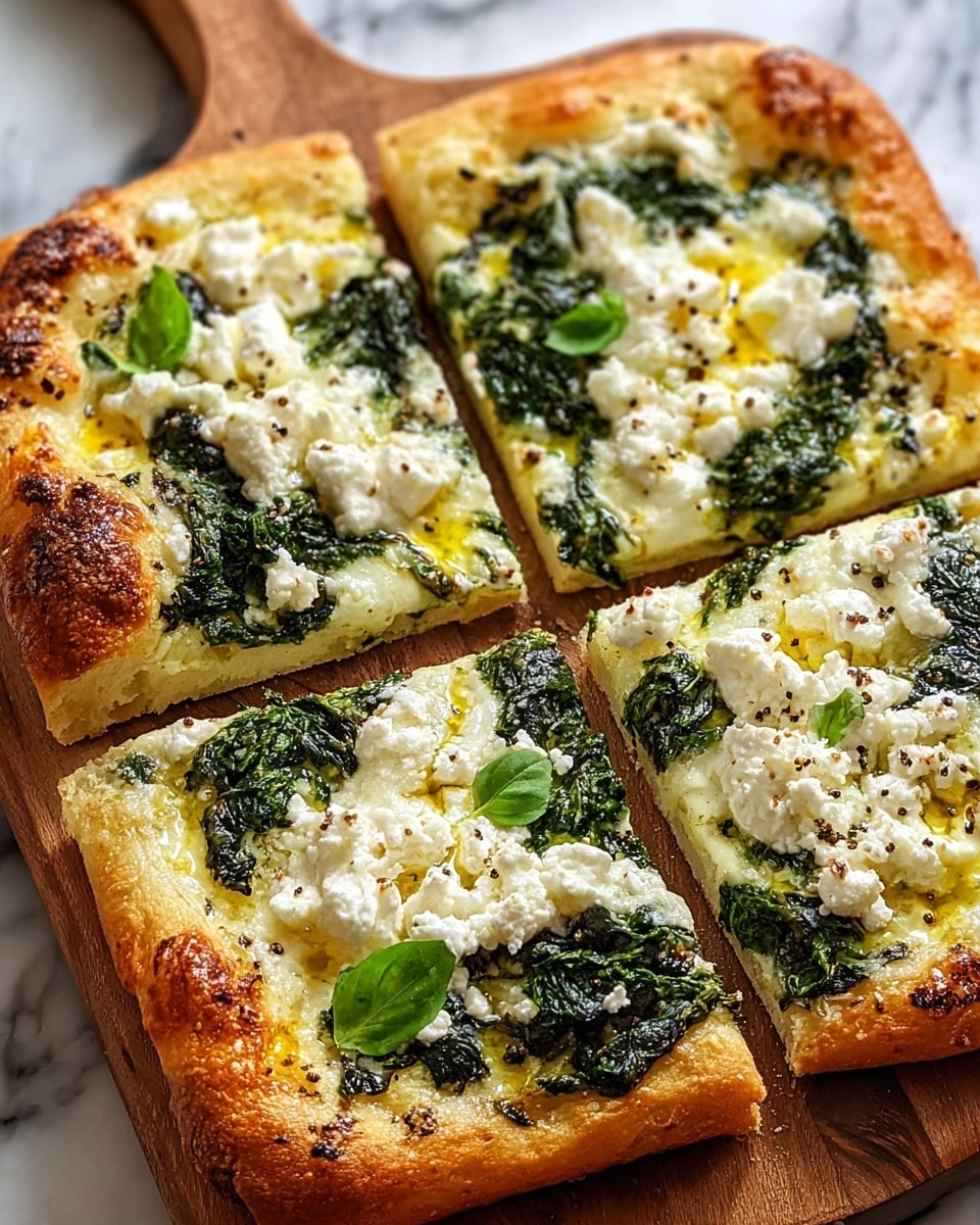 The image shows a rectangular pizza with a thick, golden-brown crust that looks soft and slightly crispy. The base layer is a light spread of melted white cheese covering the dough. On top, there are dark green, wilted spinach leaves scattered evenly across the surface. White crumbled cheese is spread generously over the spinach, with a drizzle of golden olive oil glistening on top. Small specks of black pepper are visible, adding texture and contrast. The pizza is cut into square slices and sits on a wooden board, with a blurred green plant in the background. The whole scene is set on a white marbled texture. photo taken with an iphone --ar 4:5 --v 7