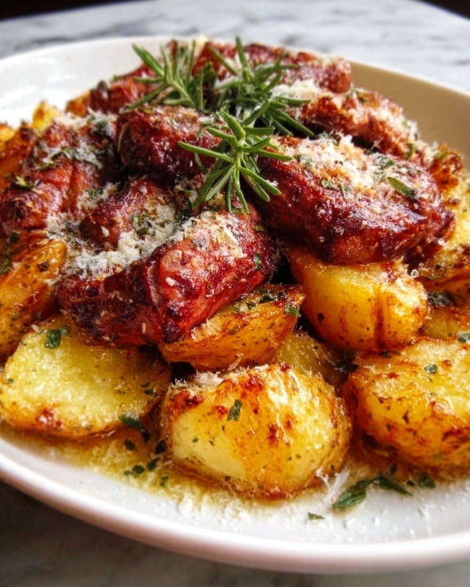 This image shows a white plate with a layered dish of roasted potatoes and grilled meat. The bottom layer is made of chunky, golden-yellow roasted potatoes with crispy edges and some green herbs sprinkled on top. Above the potatoes sit thick slices of grilled meat with a rich, dark brown color and slightly charred texture. The meat is garnished with fresh sprigs of green rosemary and lightly dusted with white grated cheese, adding a textured look. The background is a white marbled texture. photo taken with an iphone --ar 4:5 --v 7