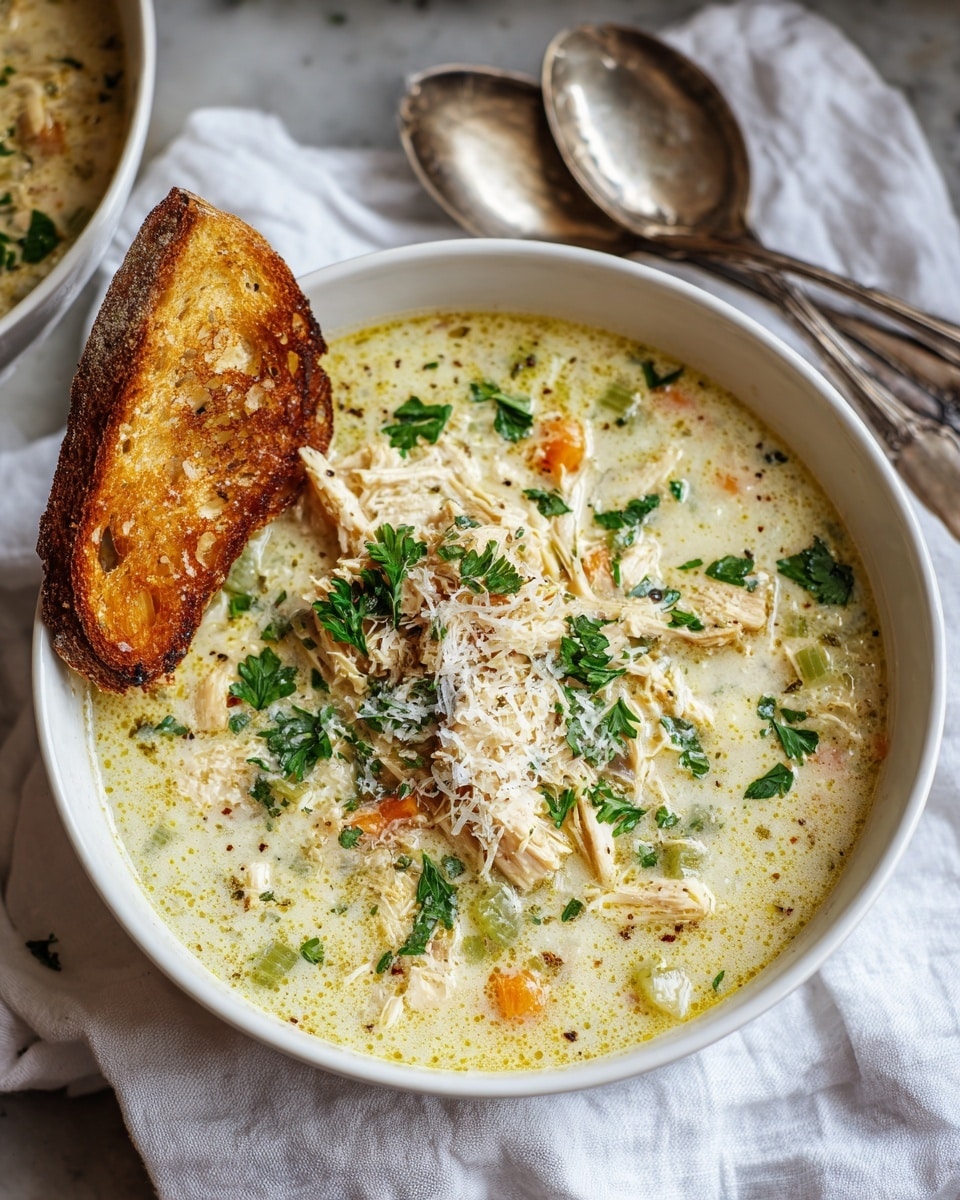 A white bowl filled with creamy chicken soup showing three layers: the bottom layer is a light yellow creamy broth with visible small bits of carrots and celery, the middle layer features shredded white chicken pieces scattered throughout, and the top layer is sprinkled with chopped green herbs and shredded cheese. A piece of toasted golden-brown bread is placed dipped on the edge of the bowl. The bowl rests on a white cloth on a white marbled surface, with two silver spoons placed to the right and part of a similar bowl visible in the background. photo taken with an iphone --ar 4:5 --v 7