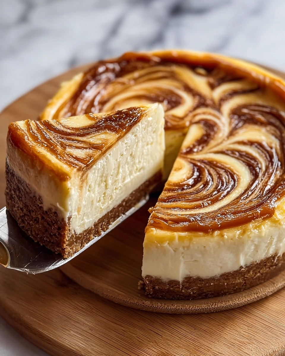 A round cheesecake sits on a wooden board, with one slice being lifted by a spatula. The cake has three visible layers: a dense, crumbly brown crust at the bottom, a thick creamy white middle layer of cheesecake, and a shiny caramel-brown swirl pattern on the top that looks glossy and rich. The cake surface shows a smooth texture with wave-like swirls of caramel that contrast against the pale cheesecake. The background is a white marbled surface. photo taken with an iphone --ar 4:5 --v 7