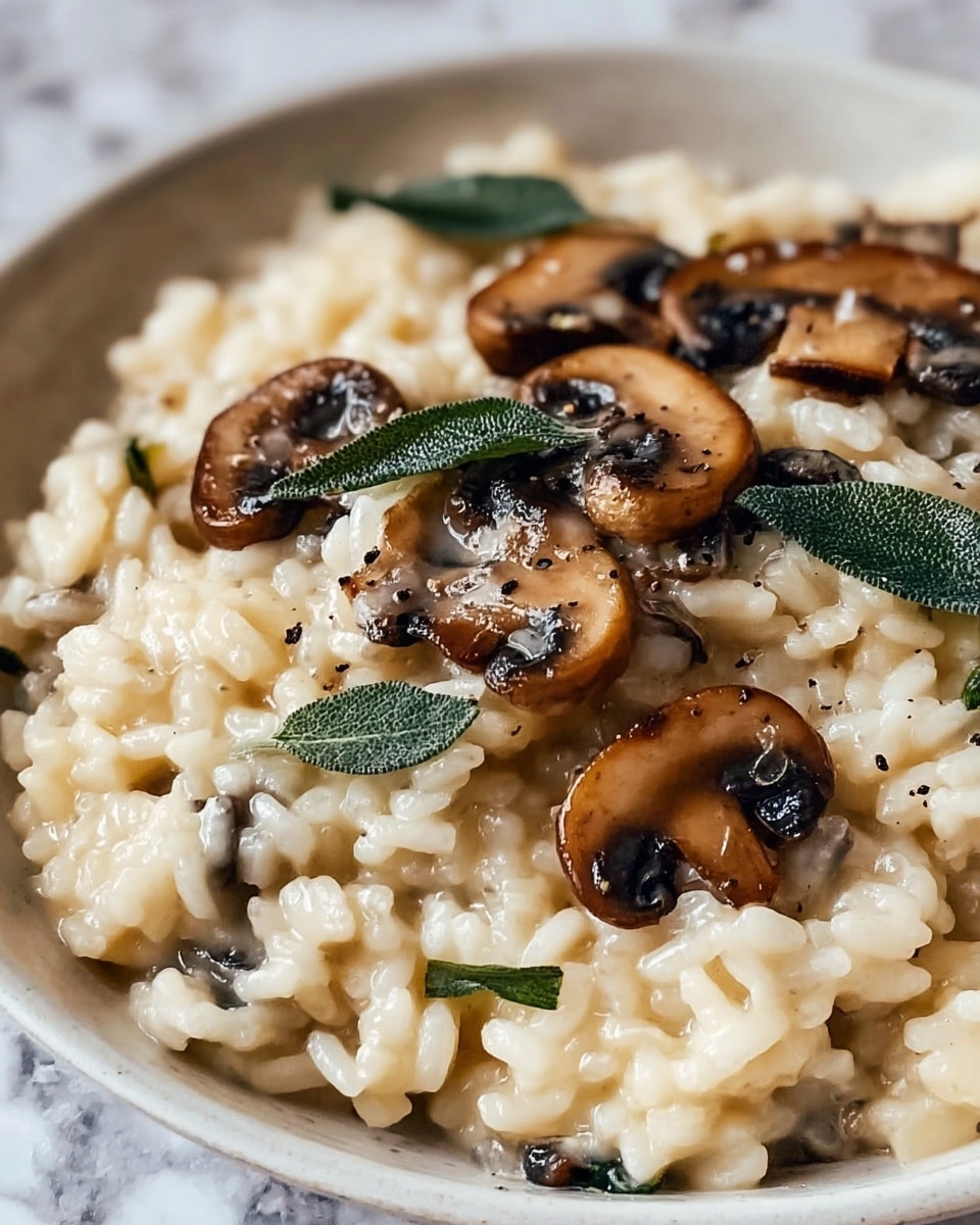 A close-up view of creamy mushroom risotto served in a white bowl, featuring soft, plump rice grains cooked to a smooth, glossy texture. Scattered evenly on top are sliced brown mushrooms with a slightly seared, tender look, showing light browning on the edges. Fresh green sage leaves add a touch of color contrast, nestled among the rice and mushrooms. The overall dish appears rich and velvety, with specks of black pepper visible throughout. The background shows a white marbled texture. photo taken with an iphone --ar 4:5 --v 7