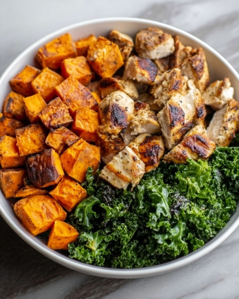 The dish is presented on a white round plate placed on a white marbled surface. It has three main sections: the bottom right features grilled chicken pieces with brown grill marks and a slightly shiny glaze, the top right holds a mound of bright green steamed broccoli with a soft texture, and the left side contains cubed roasted sweet potatoes showing a golden-orange color with a slightly crispy surface. The layers are arranged side-by-side, filling the plate evenly. photo taken with an iphone --ar 4:5 --v 7