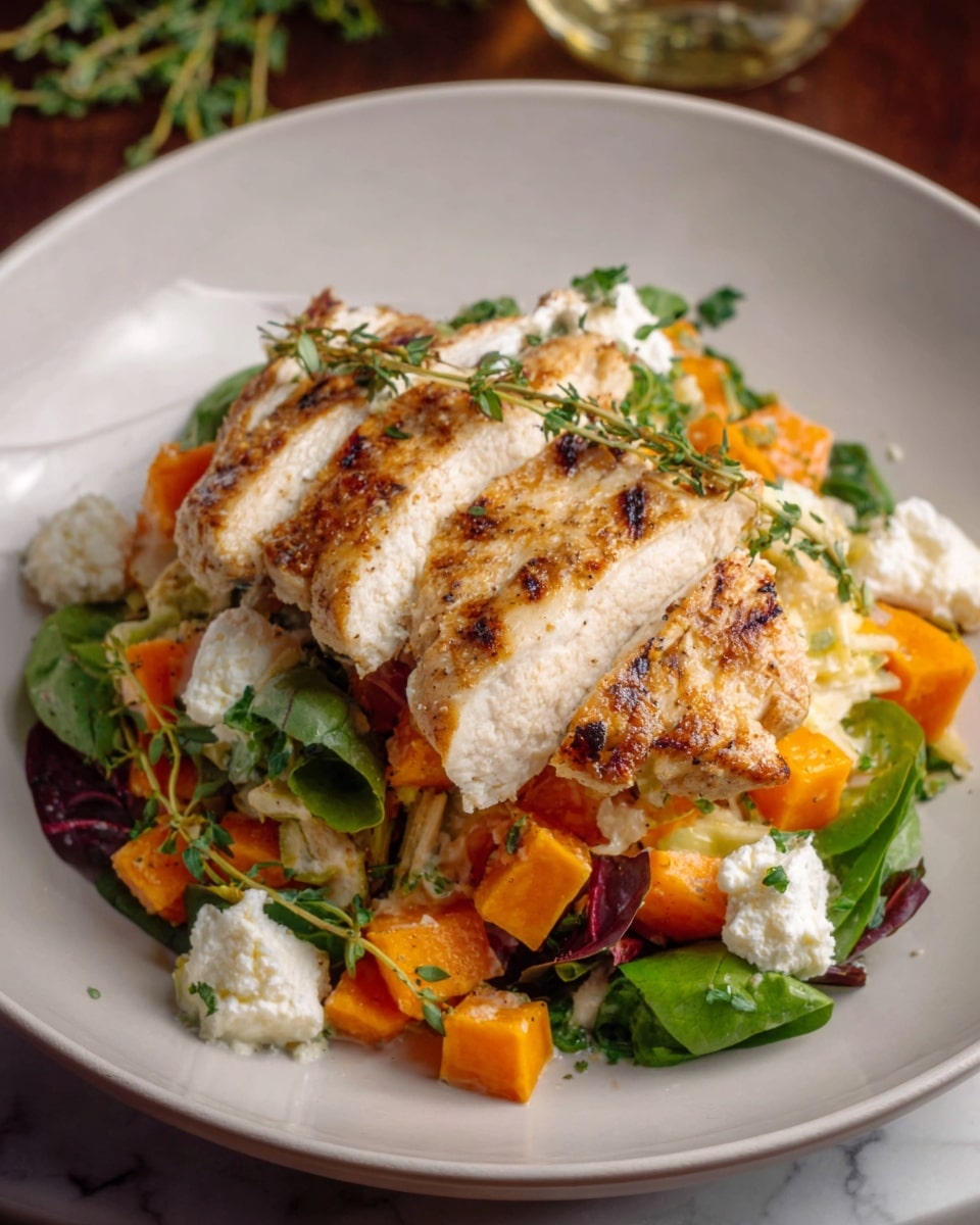 The image shows a white plate with a colorful dish made of several layers. The bottom layer is a mix of green spinach leaves spread evenly. On top of that, there are chunks of orange roasted sweet potatoes scattered around. Next, there are small red cherry tomato halves placed randomly. On top of the vegetables, a grilled piece of chicken with a golden brown color and grill marks is placed in the center. Sprinkled over the dish are small white crumbles of cheese and a few fresh green herb leaves. The plate sits on a white marbled surface, and parts of another dish and a glass of water are visible in the background. The photo taken with an iphone --ar 4:5 --v 7