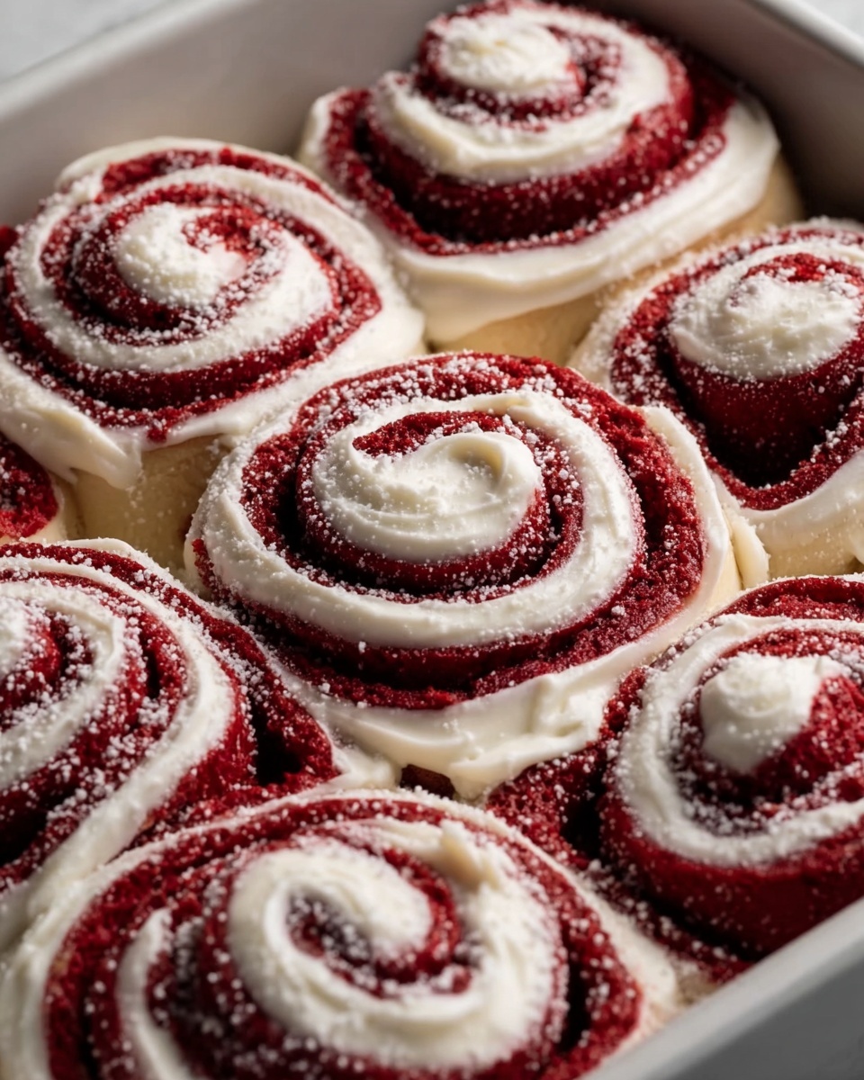 The image shows a close-up of several red velvet cinnamon rolls arranged closely in a white pan. Each roll has a visible spiral shape with two main layers: a deep red cake-like dough and a thick white cream cheese frosting drizzled on top, following the swirl pattern. The rolls are dusted with a fine white powder, likely powdered sugar, adding a light touch on top of the frosting and dough. The texture of the dough looks soft and moist, while the frosting is smooth and creamy. The background is a white marbled texture. photo taken with an iphone --ar 4:5 --v 7
