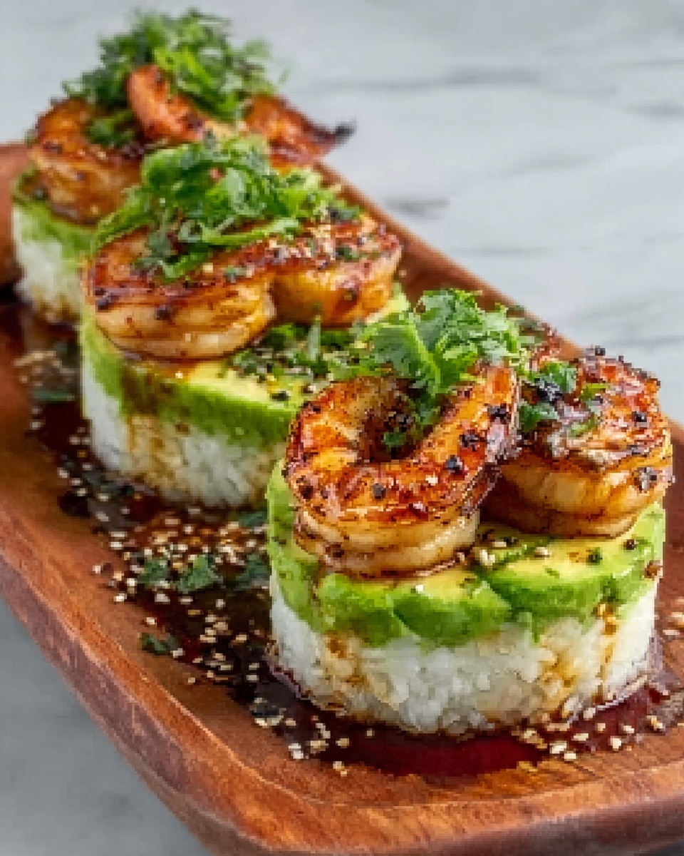 The dish shows three round sushi stacks placed on a wooden board, each stack made up of a bottom layer of white rice, a middle layer of bright green avocado slices neatly arranged, and topped with large, golden-brown grilled shrimp glazed with a shiny sauce. Fresh green herbs are sprinkled over the shrimp, adding a touch of color, and some black and white sesame seeds are scattered around the board. The wooden board rests on a white marbled surface. Photo taken with an iphone --ar 4:5 --v 7