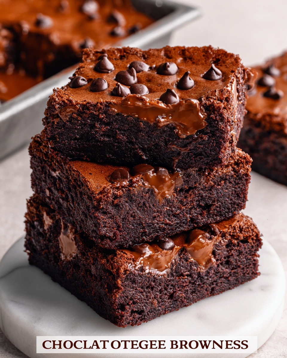 The image shows thick, rich chocolate brownies cut into squares and stacked on a white plate with white marbled texture beneath. The brownies have three visible layers: a dense, dark chocolate base; a middle layer with pockets of melted chocolate chips that look glossy and smooth; and a top layer that is slightly cracked with raised chocolate chips on the surface. In the background, a close-up of chocolate batter being poured over a baked base in a metal baking pan is visible, adding a fresh, shiny layer to the brownies. The overall look is moist and fudgy with a mix of smooth and textured chocolate layers. photo taken with an iphone --ar 4:5 --v 7