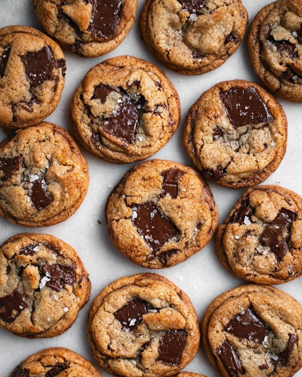 The image shows a top view of many round chocolate chip cookies scattered closely on a white marbled surface. Each cookie has a golden brown color with a slightly darker brown edge and a soft, cracked texture. Large chunks of dark chocolate chips are visible in almost every cookie, creating rough dark spots on the warm cookie base. Light reflections emphasize the slightly glossy melted chocolate chips and the cookies look chewy and fresh. There is a sprinkle of light salt flakes on some cookies, adding texture contrast. The image displays the cookies in a natural, casual arrangement. photo taken with an iphone --ar 4:5 --v 7