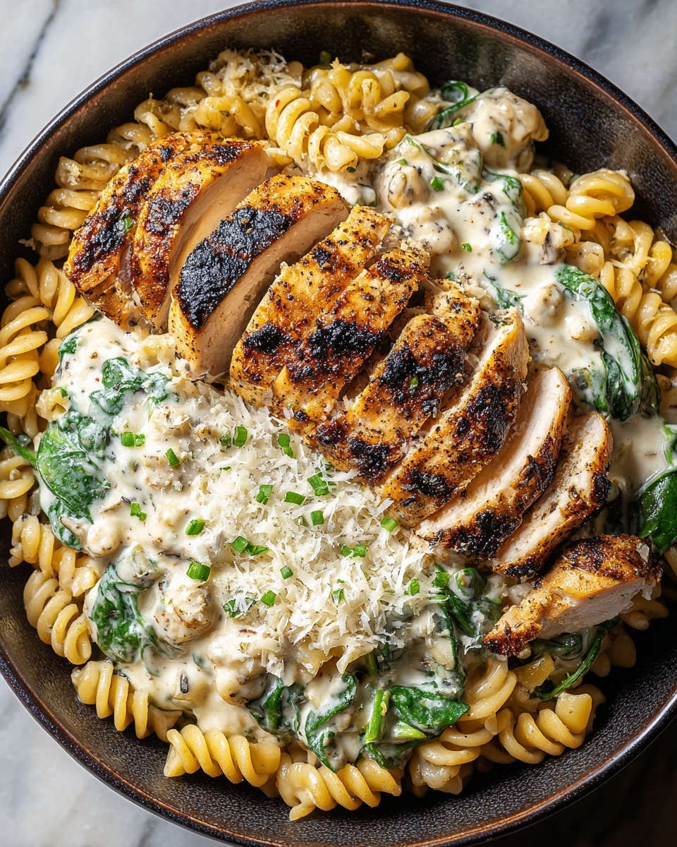 A dark bowl contains a creamy pasta dish with three main layers: the bottom layer is golden-yellow spiral pasta mixed with green spinach leaves, the middle layer is thick white sauce with black pepper and spinach, and the top layer features several slices of grilled chicken breast with charred marks, arranged in a row across the pasta. The dish is sprinkled with finely grated white cheese and small green herbs, all placed on a white marbled surface. photo taken with an iphone --ar 4:5 --v 7