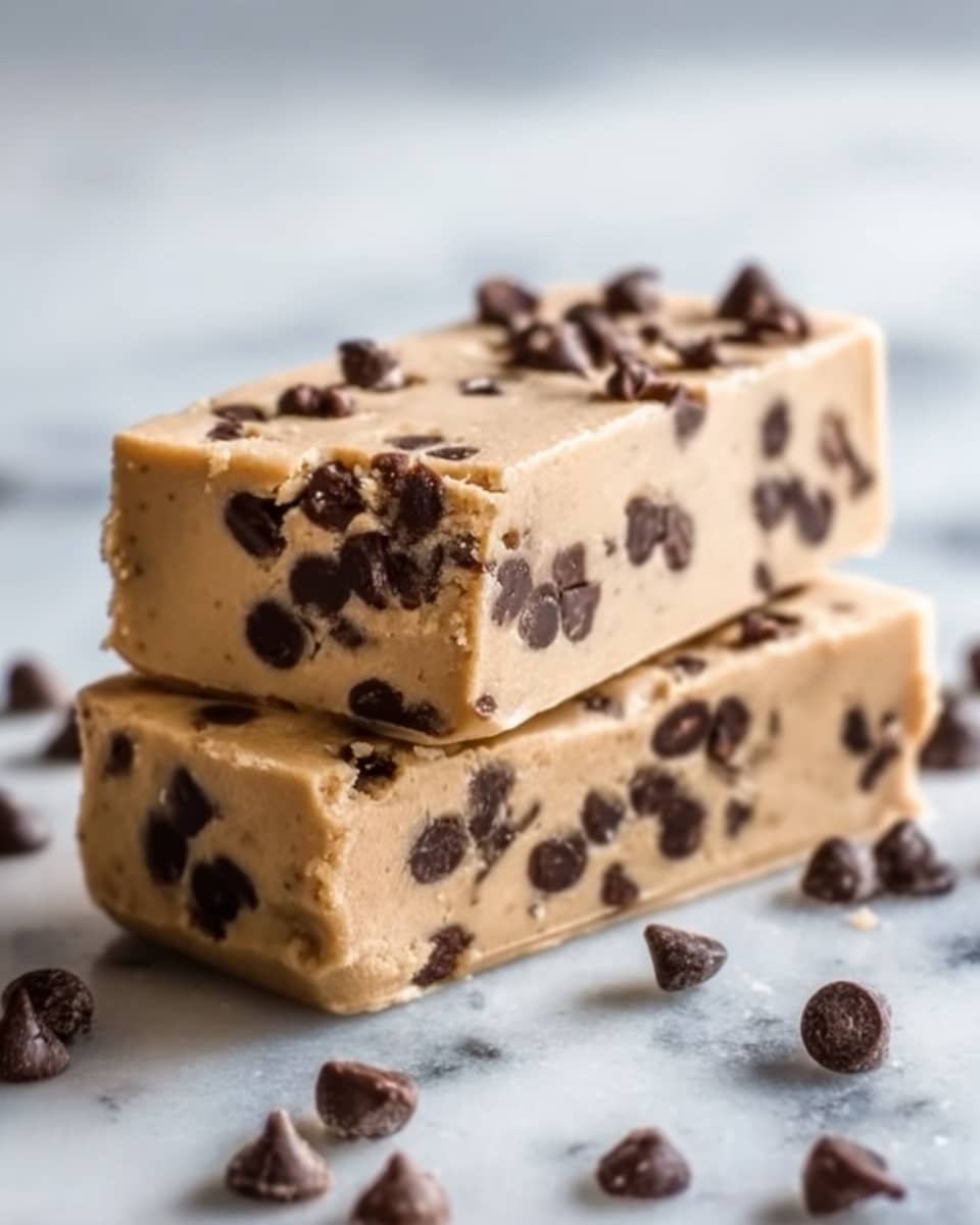 Two thick rectangular pieces of light brown cookie dough stacked on top of each other, filled with many dark brown and shiny chocolate chips, showing a slightly rough and soft texture. The bottom piece rests flat on a white marbled surface, while the top piece is slightly leaning, exposing the chocolate chips inside clearly, with a few chocolate chips scattered around. The lighting is soft, making the colors warm and inviting. photo taken with an iphone --ar 4:5 --v 7