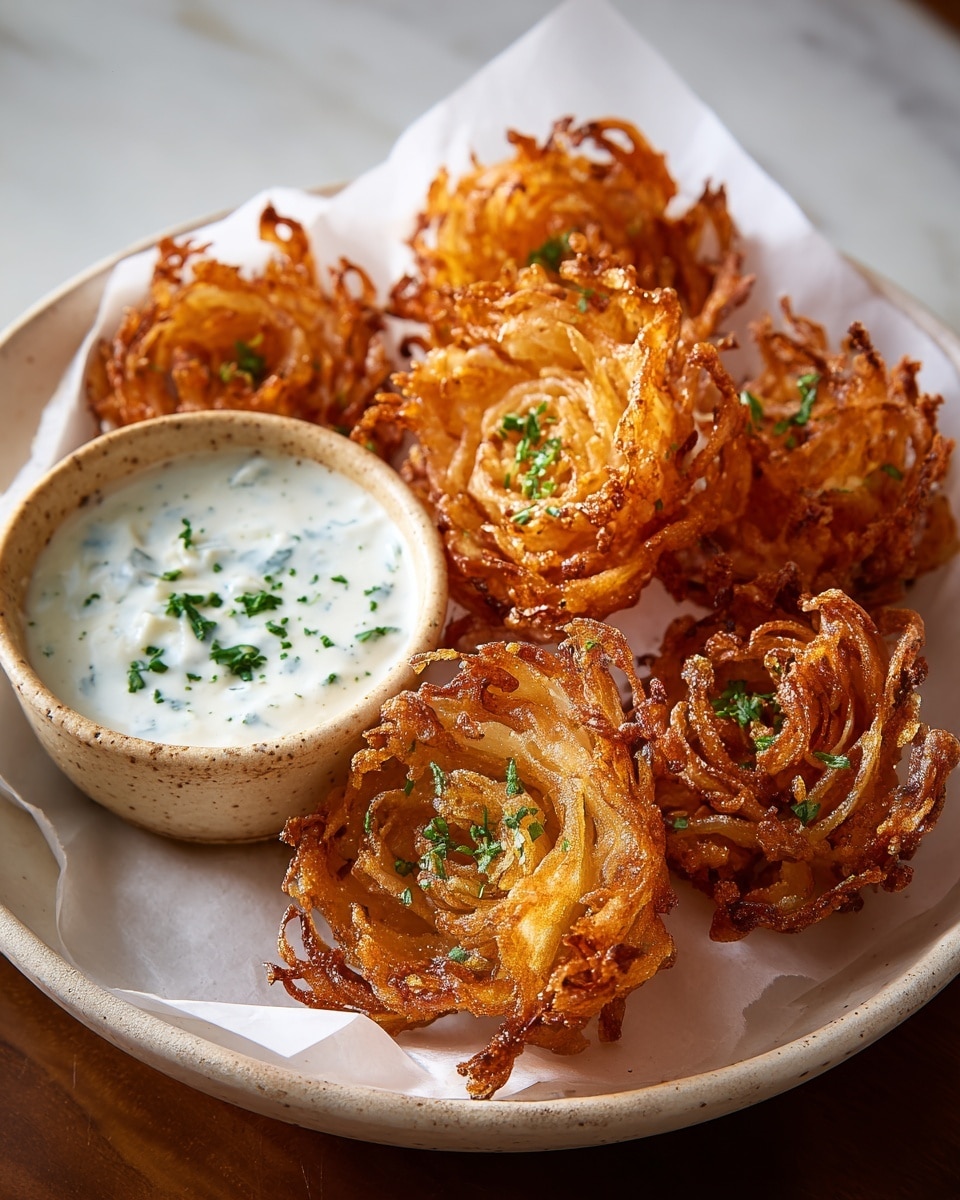 A white plate holds a pile of crispy golden-brown onion blossom fritters, each shaped like a flower with many thin, curly layers of fried onion petals that show darker crunchy edges and lighter golden centers. The fritters are sprinkled lightly with green chopped herbs. Next to the fritters is a small ceramic bowl filled with creamy white dipping sauce scattered with small green herb pieces. A white paper napkin is partly underneath the fritters on the plate. The dish is set on a white marbled texture surface. Photo taken with an iphone --ar 4:5 --v 7