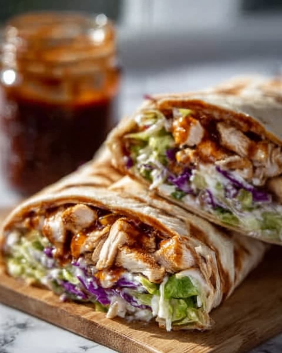 The image shows a close-up of two halves of a wrap sandwich, cut diagonally and stacked partly on top of each other. The wrap is a light brown, soft flatbread wrapped tightly around the filling. Inside, there are three visible layers: a layer of seasoned, brown grilled chicken pieces, a layer of fresh, shredded purple cabbage and green lettuce adding color and crunch, and a layer of creamy white sauce. In the background, there is a glass jar with a dark brown sauce slightly out of focus. The wrap halves are placed on a white wooden surface, replaced with a white marbled texture. The scene is bright with natural lighting. Photo taken with an iphone --ar 4:5 --v 7
