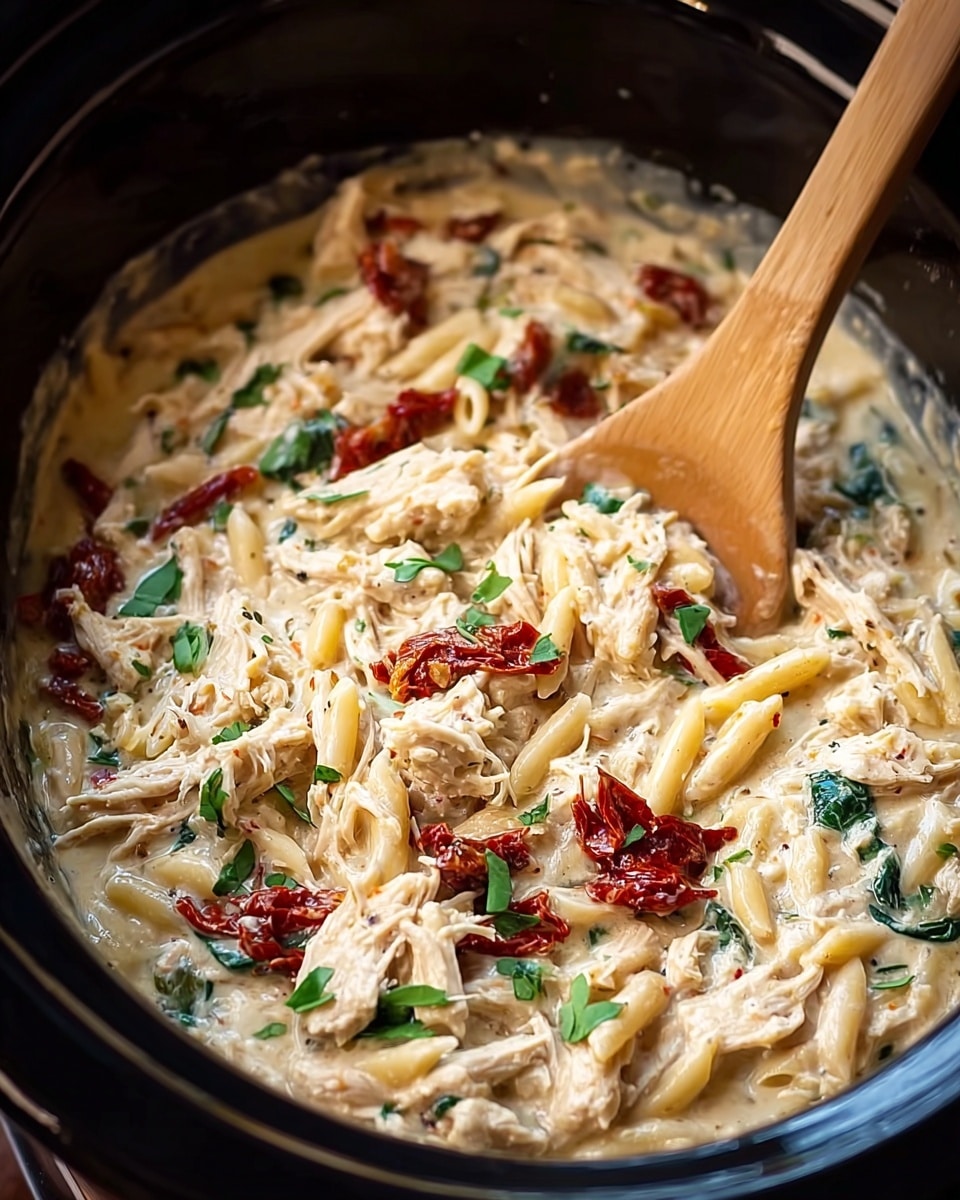 A close-up view of a creamy dish in a black slow cooker, showing a mix of shredded white chicken pieces, light brown orzo pasta, bright green chopped herbs, and chunks of red sun-dried tomatoes all evenly combined in a thick sauce. A wooden spoon is scooping the mixture from the right side, highlighting the dense and smooth texture of the creamy sauce. The background is a white marbled texture. photo taken with an iphone --ar 4:5 --v 7