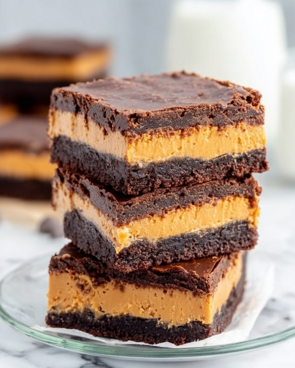 The image shows a stack of three square layered brownies on a white marbled surface. Each brownie has three layers: a thick dark brown brownie base at the bottom, a creamy light brown peanut butter layer in the middle, and a smooth chocolate frosting layer on top. The layers look dense and rich, with the dark brownie layers being slightly crumbly, the peanut butter layer creamy and solid, and the frosting soft and glossy. In the background, there is a white glass of milk and an out-of-focus plate with more brownies. photo taken with an iphone --ar 4:5 --v 7
