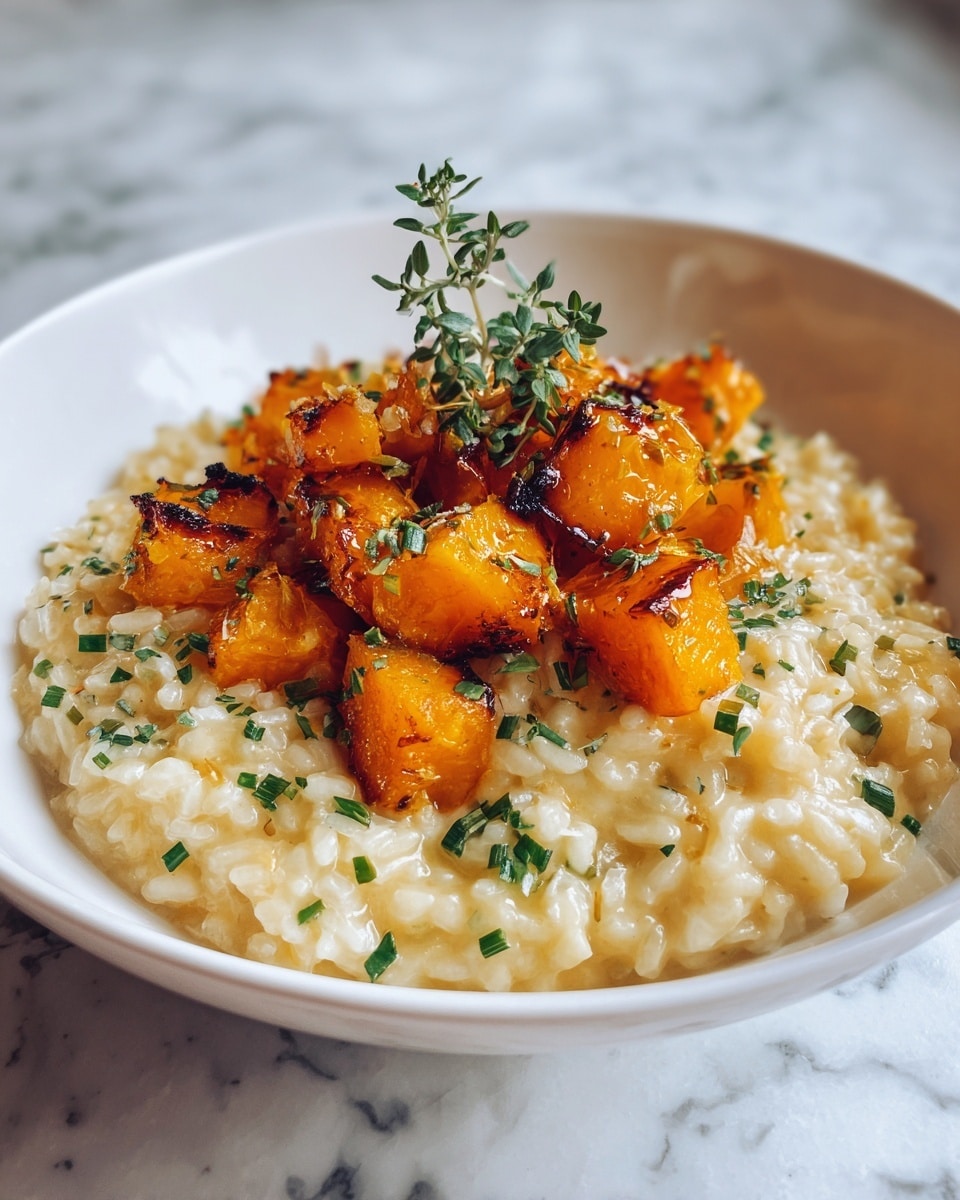 A white plate holds a creamy, light yellow risotto as the base layer, mixed with small bits of herbs and caramelized onions scattered throughout. On top, a second layer features chunky pieces of golden-orange roasted pumpkin with dark, crispy char marks. These pieces are garnished with finely chopped green herbs and a small fresh sprig of green thyme standing upright at the center. The rich colors contrast well against the smooth white plate, which sits on a white marbled surface. The lighting highlights the glistening textures of both risotto and pumpkin, creating a warm, inviting look. photo taken with an iphone --ar 4:5 --v 7
