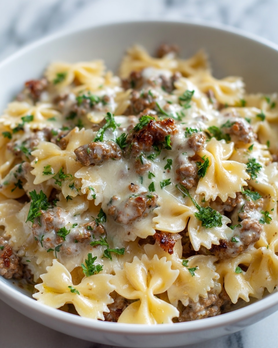 The image shows a close-up of a pasta dish with three clear layers. The bottom layer is a light yellow bowtie pasta that looks soft and well-cooked. On top of the pasta, there is a thick layer of crumbled brown ground meat, which is mixed evenly throughout. The top layer is a melted creamy cheese sauce with small, uneven white patches, spreading across the meat and pasta. Bright green chopped herbs are lightly sprinkled over everything, adding a touch of color. The dish is served in a white bowl, set on a white marbled surface. photo taken with an iphone --ar 4:5 --v 7