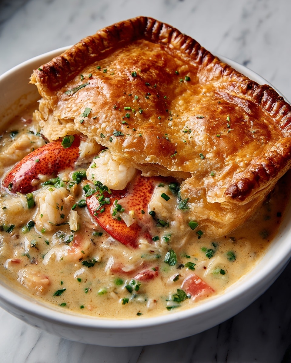 A white bowl holds a rich seafood pot pie featuring a thick golden puff pastry crust with crimped edges sitting on top. Underneath, a creamy beige sauce fills the bowl, speckled with small green herbs, and large chunks of white seafood mixed with bright red lobster are visible. The pastry is slightly glossy and flaky, covering the top of the dish but not fully sealed, showing the creamy contents beneath. The background is a white marbled surface. Photo taken with an iphone --ar 4:5 --v 7