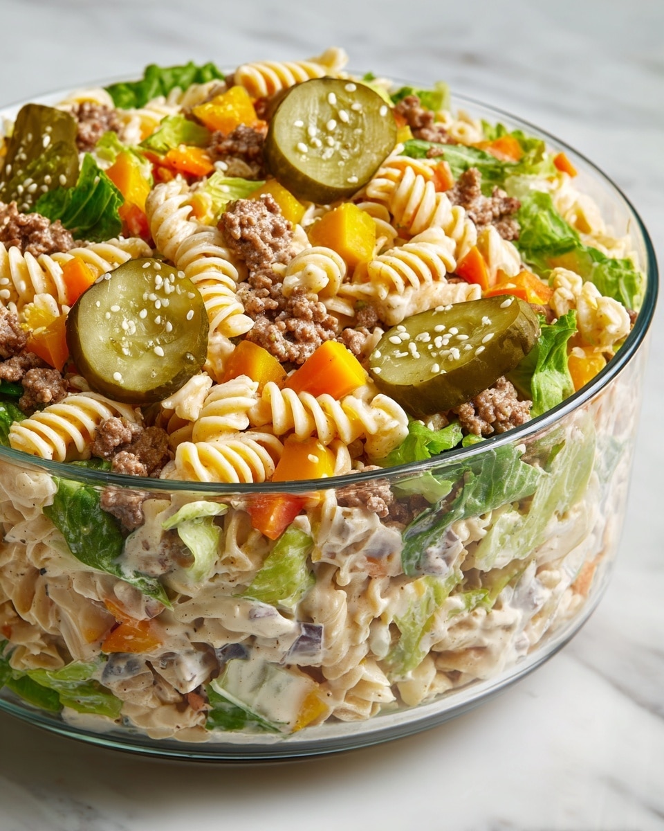The image shows a close-up of a clear glass bowl filled with a creamy pasta salad. The dish has three main layers visible: the bottom and middle layers are made up of creamy, spiral-shaped pasta with a pale yellow color, mixed with small pieces of cooked ground meat that are brown and crumbly. The top layer features bright green leafy lettuce, orange and yellow diced bell peppers, and several slices of dark green pickles with visible white seeds. The salad is sprinkled with small white sesame seeds, adding texture. The bowl sits on a white marbled surface. Photo taken with an iphone --ar 4:5 --v 7