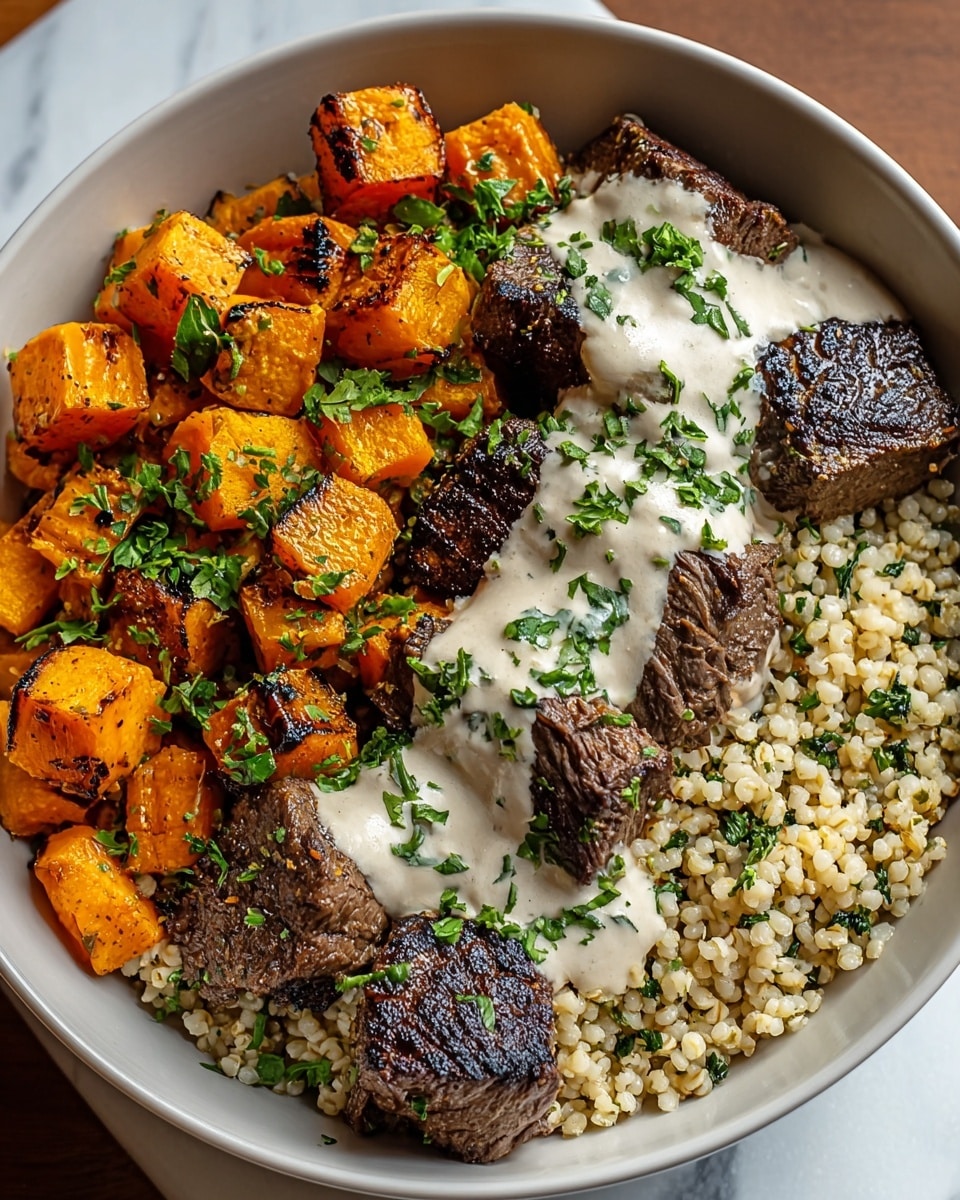 A white bowl sits on a white marbled surface, filled with three main layers. The bottom layer is made of small, light-colored grains mixed with tiny green herbs, covering the whole base of the bowl. On the left side, there are bright orange cubes of grilled butternut squash that have a slight char on the edges, sprinkled with fresh green chopped herbs. On the right side, there are chunks of dark brown grilled meat with a slightly crispy surface, topped with a creamy white sauce that has green herbs mixed in and spread over the meat. The fresh green herbs are scattered across the sauce and meat, adding a fresh contrast. photo taken with an iphone --ar 4:5 --v 7